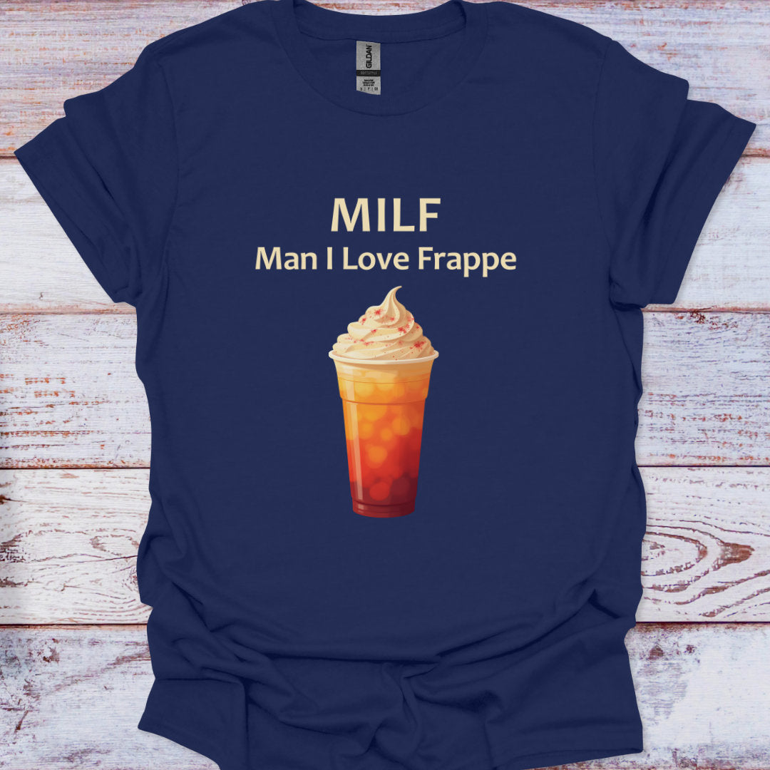 Navy blue t-shirt with a frappe graphic and text on a wooden surface