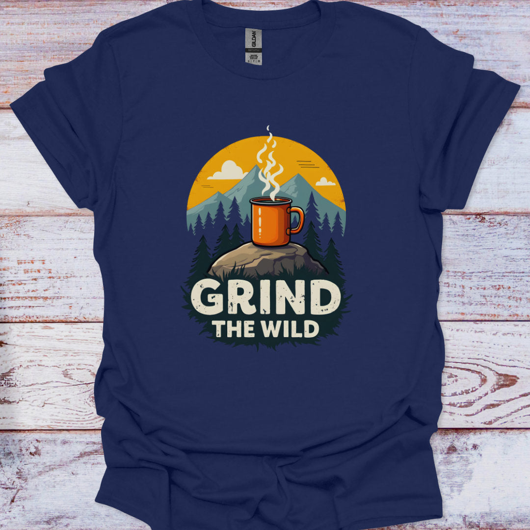Navy blue t-shirt with a graphic of a mug on a rock with trees and mountains, and 'Grind the Wild' text.