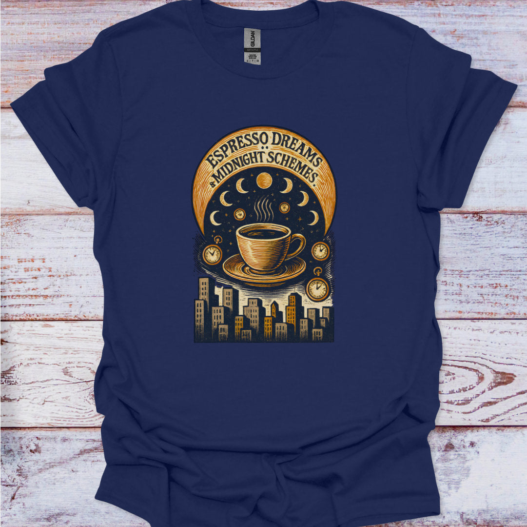 Navy blue t-shirt with a coffee-themed graphic on a wooden surface