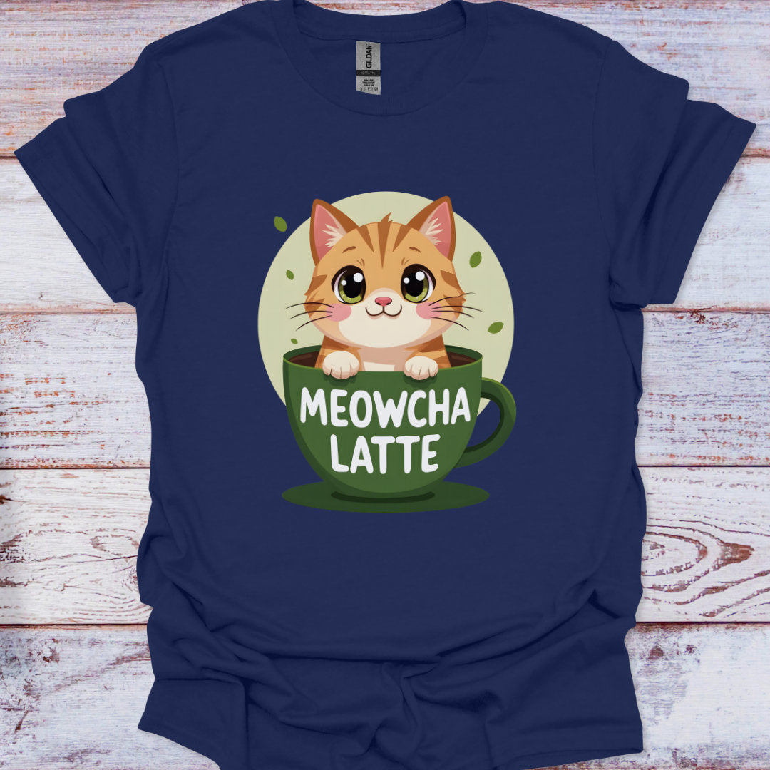 Navy blue t-shirt with a cat in a coffee cup graphic on a wooden surface
