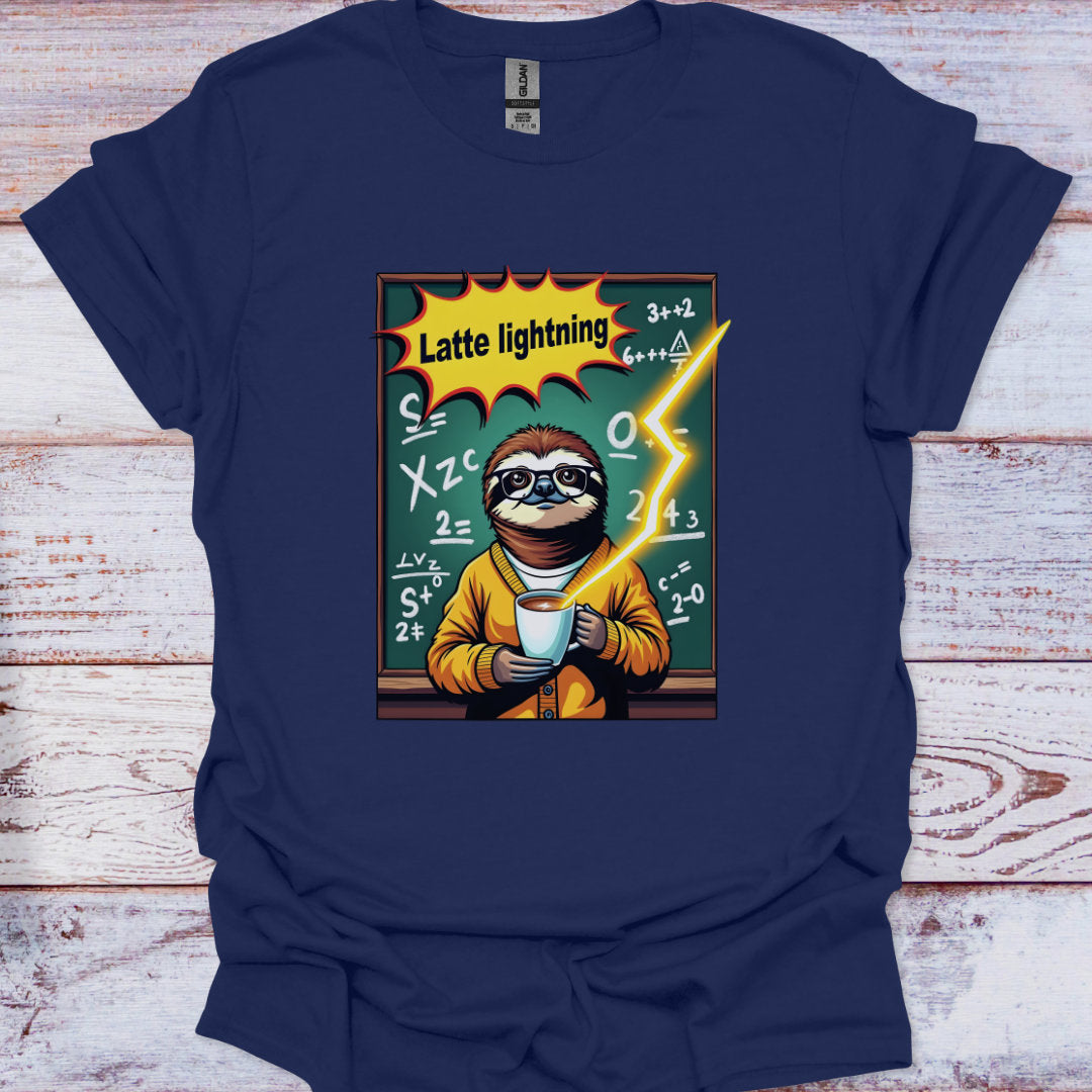Navy blue t-shirt with a sloth holding a coffee cup and 'Latte lightning' graphic on a wooden surface