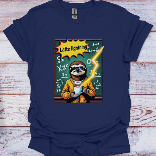 Navy blue t-shirt with a sloth holding a coffee cup and 'Latte lightning' graphic on a wooden surface