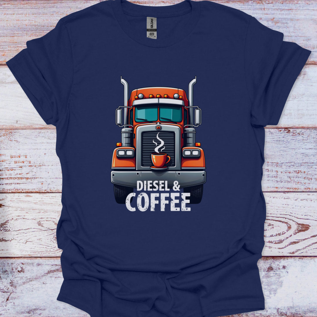 Navy blue t-shirt with a truck graphic and 'Diesel & Coffee' text on a wooden surface