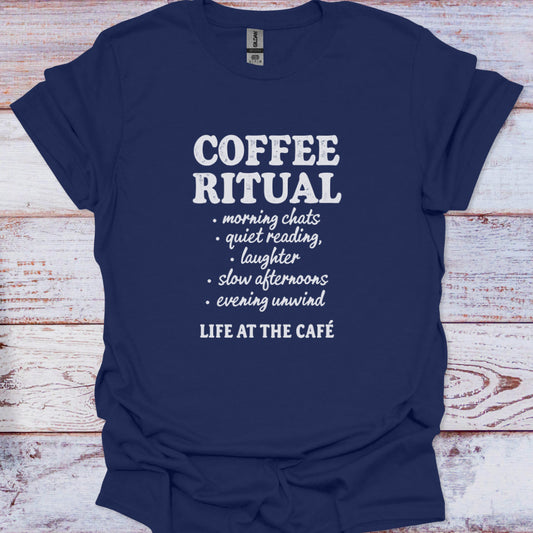 Navy blue t-shirt with white text on a wooden surface