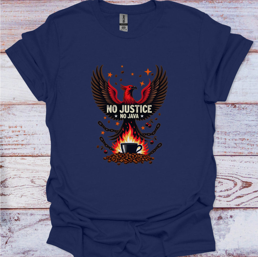 Navy blue t-shirt with a graphic design featuring an eagle, flames, and a coffee cup on a wooden surface.