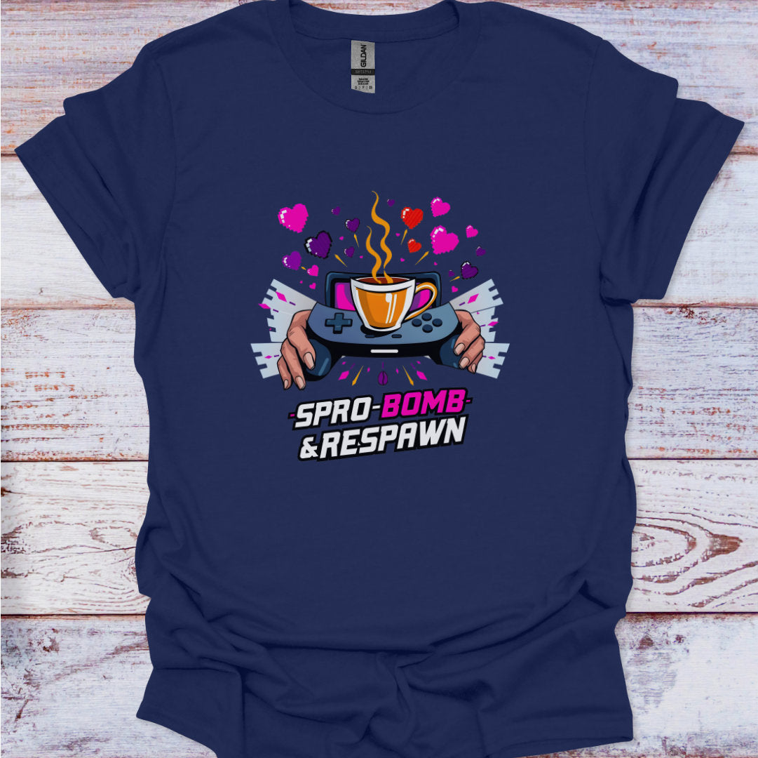 Navy blue t-shirt with a graphic design on a wooden surface