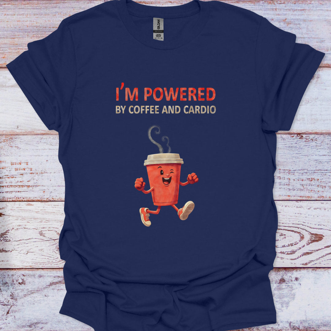 Navy blue t-shirt with a cartoon coffee cup and text 'I'm powered by coffee and cardio' on a wooden surface.