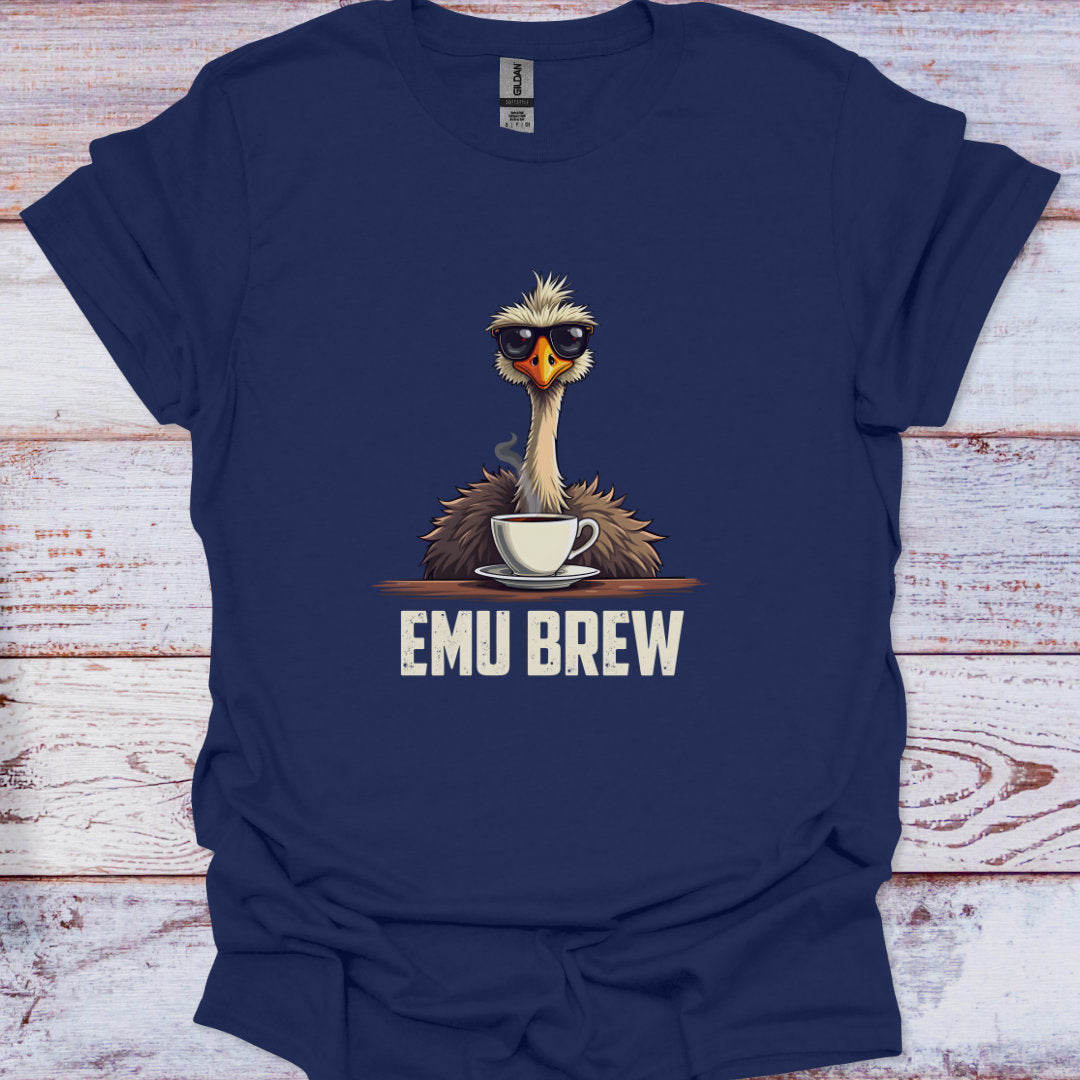 Navy blue t-shirt with emu holding a coffee cup and 'EMU BREW' text on a wooden surface