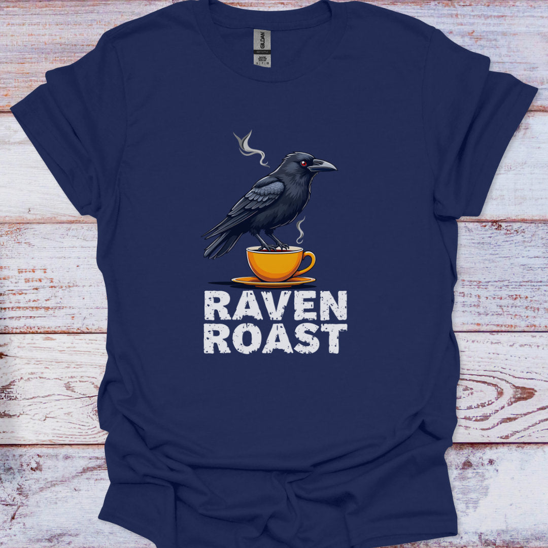 Navy blue t-shirt with a crow and coffee cup graphic and 'Raven Roast' text on a wooden surface.