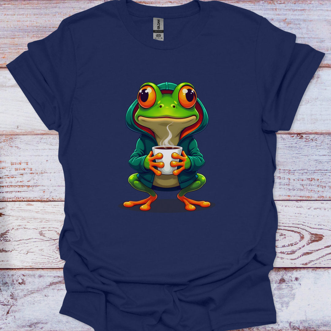 Navy blue t-shirt with a green frog holding a cup design on a wooden surface