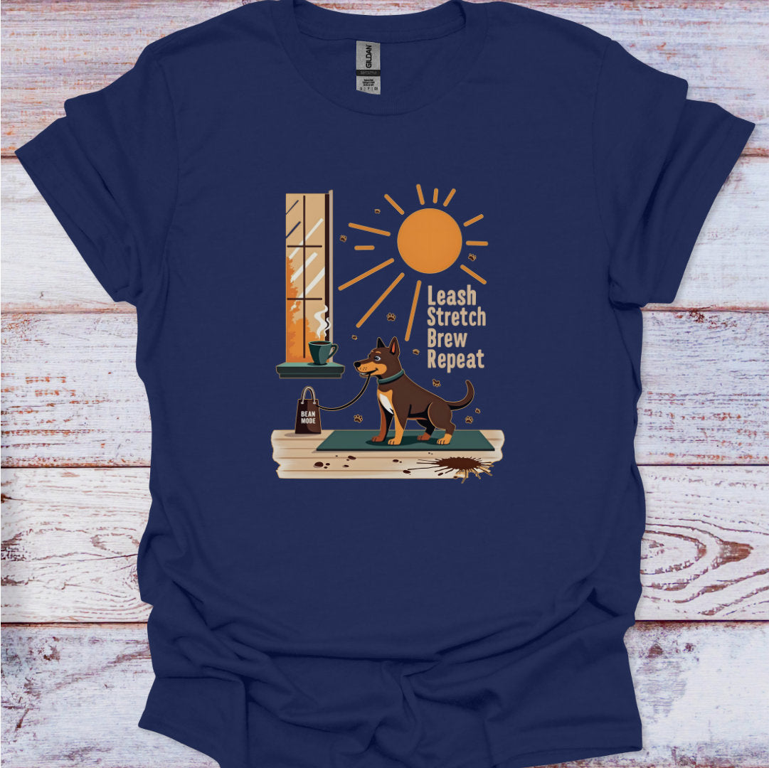 Navy blue t-shirt with a dog graphic and text on a wooden surface