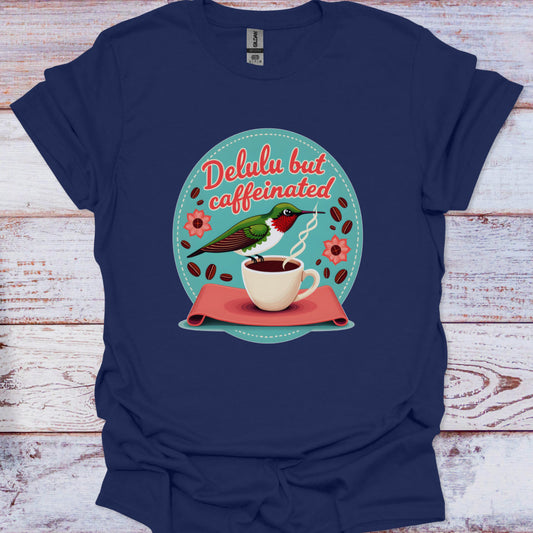 Navy blue t-shirt with a coffee-themed graphic and text on a wooden surface