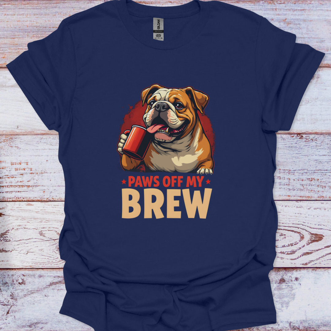 Navy blue t-shirt with a bulldog graphic and 'Paws Off My Brew' text on a wooden surface