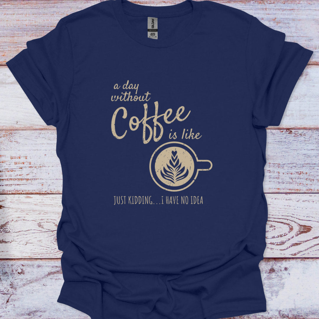 Navy blue t-shirt with coffee-themed graphic and text on a wooden surface