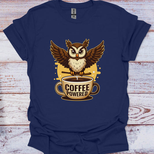 Navy blue t-shirt with an owl on a coffee cup graphic and 'COFFEE POWERED' text.