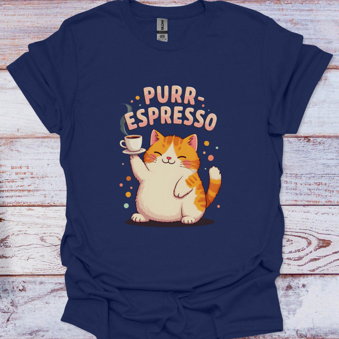 Navy blue t-shirt with a cartoon cat holding a coffee cup and 'Purr-Espresso' text on a wooden surface.