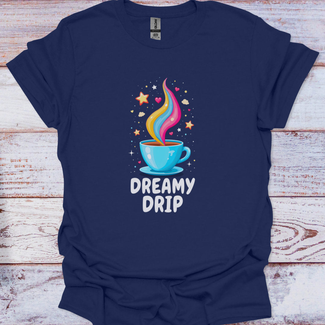 Navy blue t-shirt with a colorful coffee cup graphic and 'Dreamy Drip' text on a wooden surface.