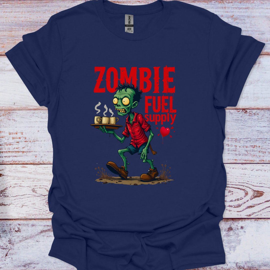 Navy blue t-shirt with a zombie graphic and text on a wooden surface