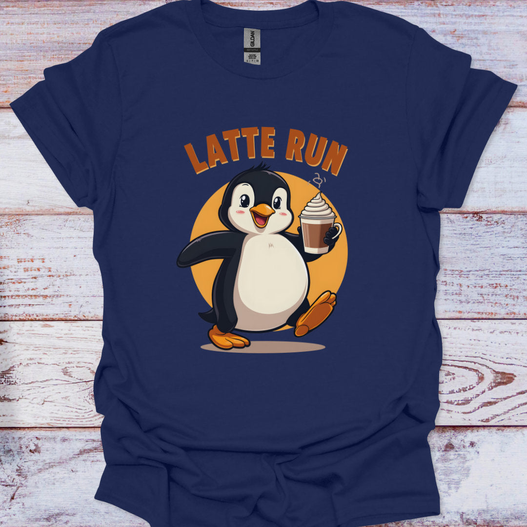 Navy blue t-shirt with a penguin holding a cup and 'Latte Run' text on a wooden surface
