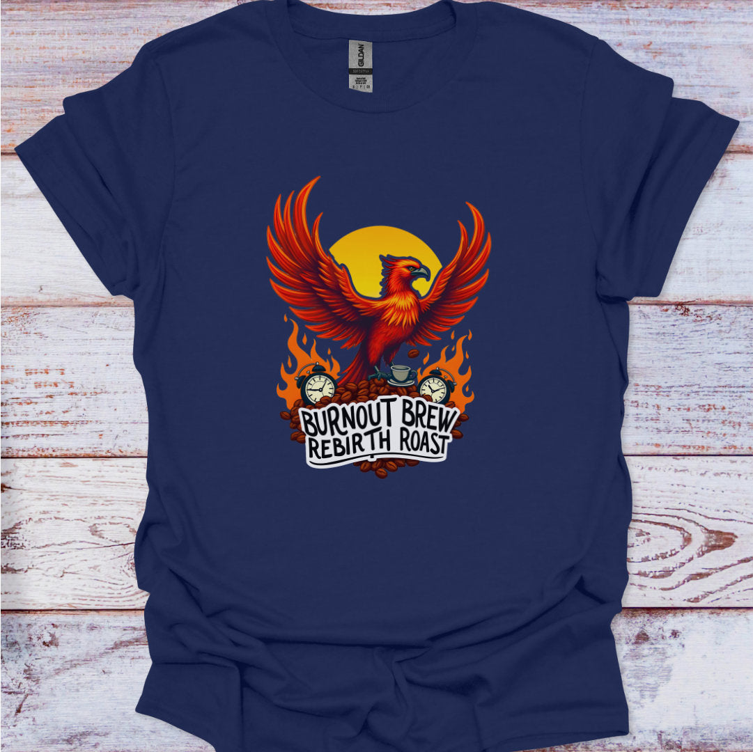 Navy blue t-shirt with a phoenix design and text on a wooden surface