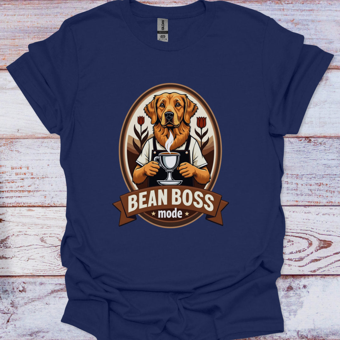 Navy blue t-shirt with a graphic of a dog holding a cup and 'Bean Boss' text on a wooden surface.