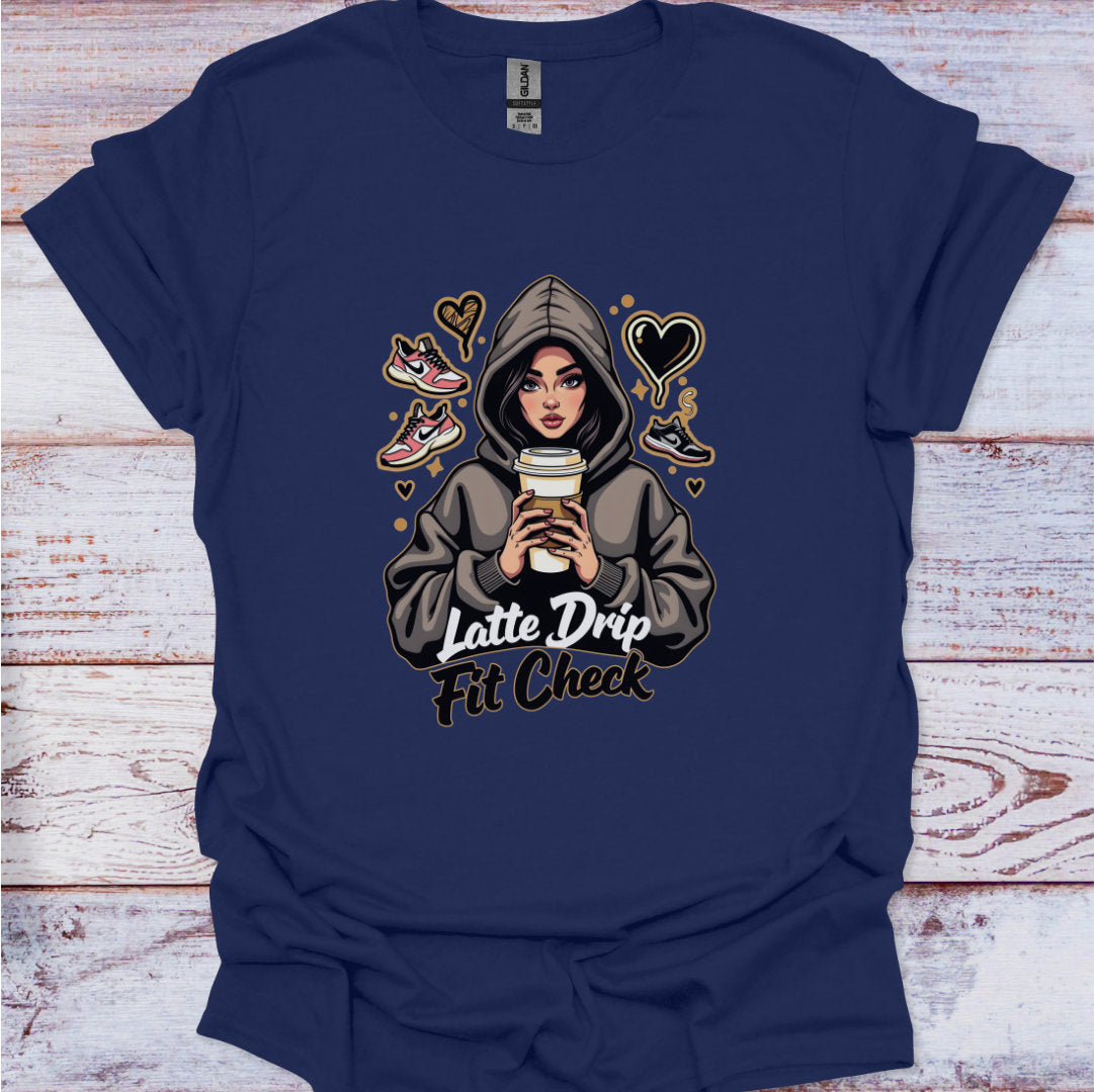 Navy blue t-shirt with a graphic of a person in a hoodie holding a coffee cup, with text 'Latte Drip Fit Check' on a wooden surface.