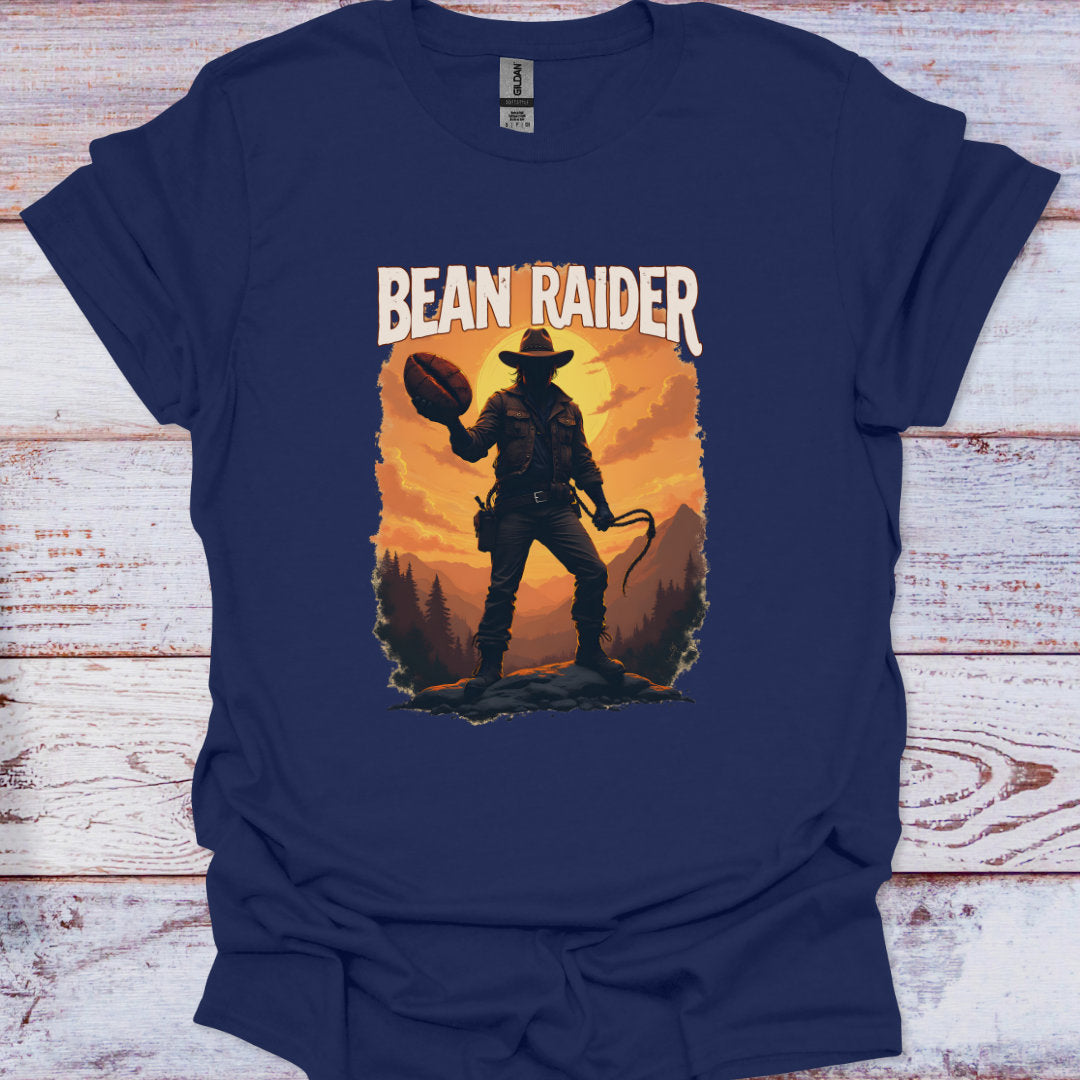 Navy blue t-shirt with 'Bean Raider' graphic design on a wooden surface