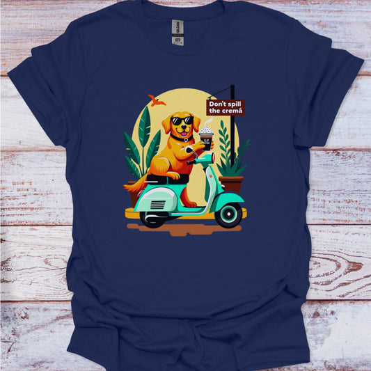 Navy blue t-shirt with a graphic of a dog on a scooter and parrot, on a wooden surface.