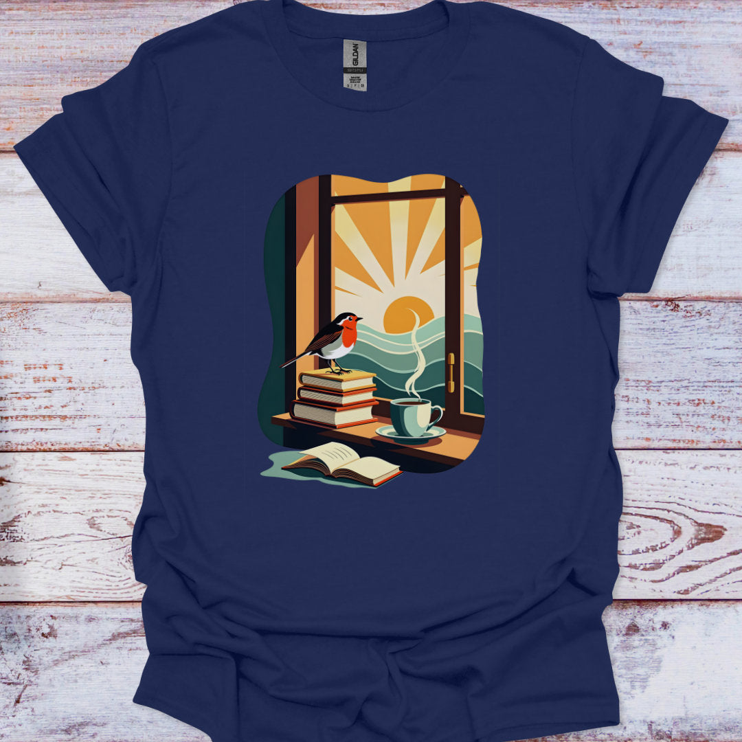 Navy blue t-shirt with a colorful graphic of a window, books, and a cup on a wooden surface.