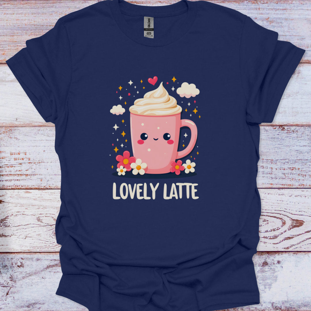 Navy blue t-shirt with a pink coffee cup graphic and 'Lovely Latte' text on a wooden surface
