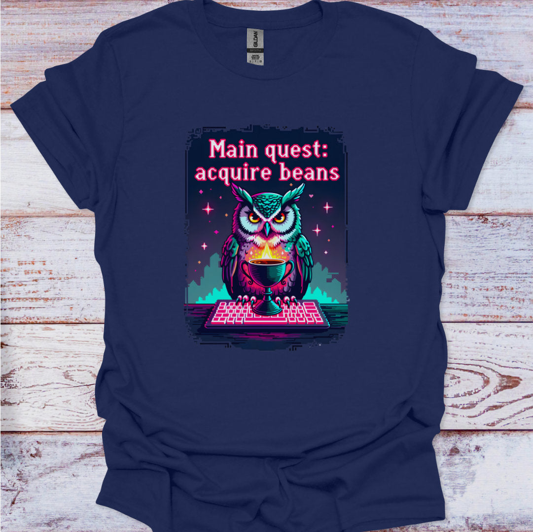 Navy blue t-shirt with an owl graphic and text on a wooden surface