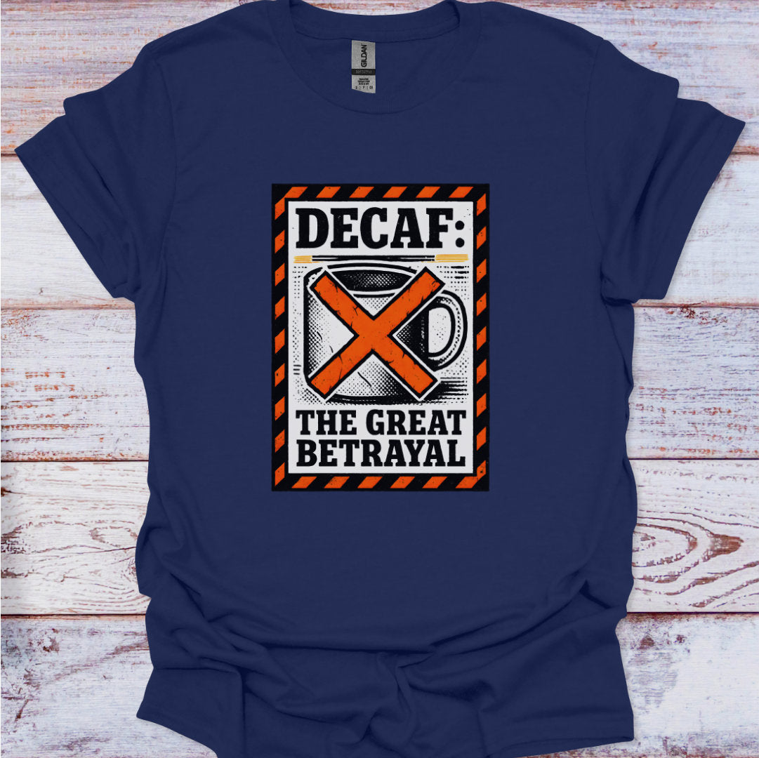 Navy blue t-shirt with a graphic design on a wooden surface