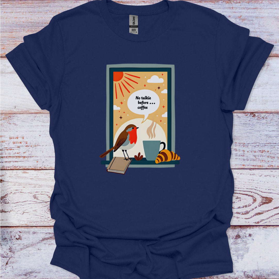 Navy blue t-shirt with a colorful graphic design on a wooden surface
