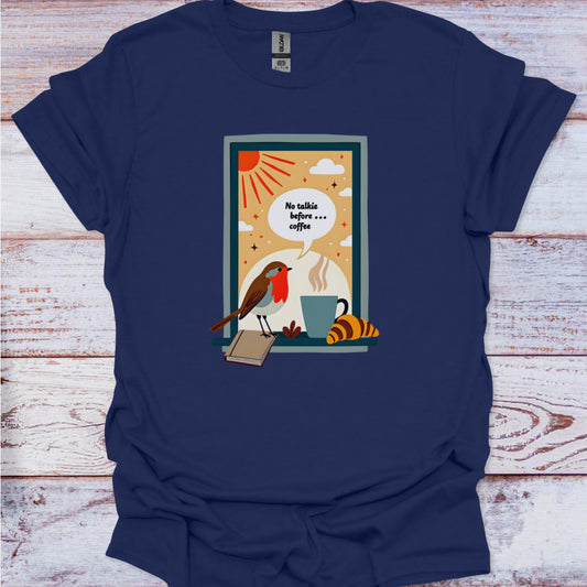 Navy blue t-shirt with a colorful graphic design on a wooden surface