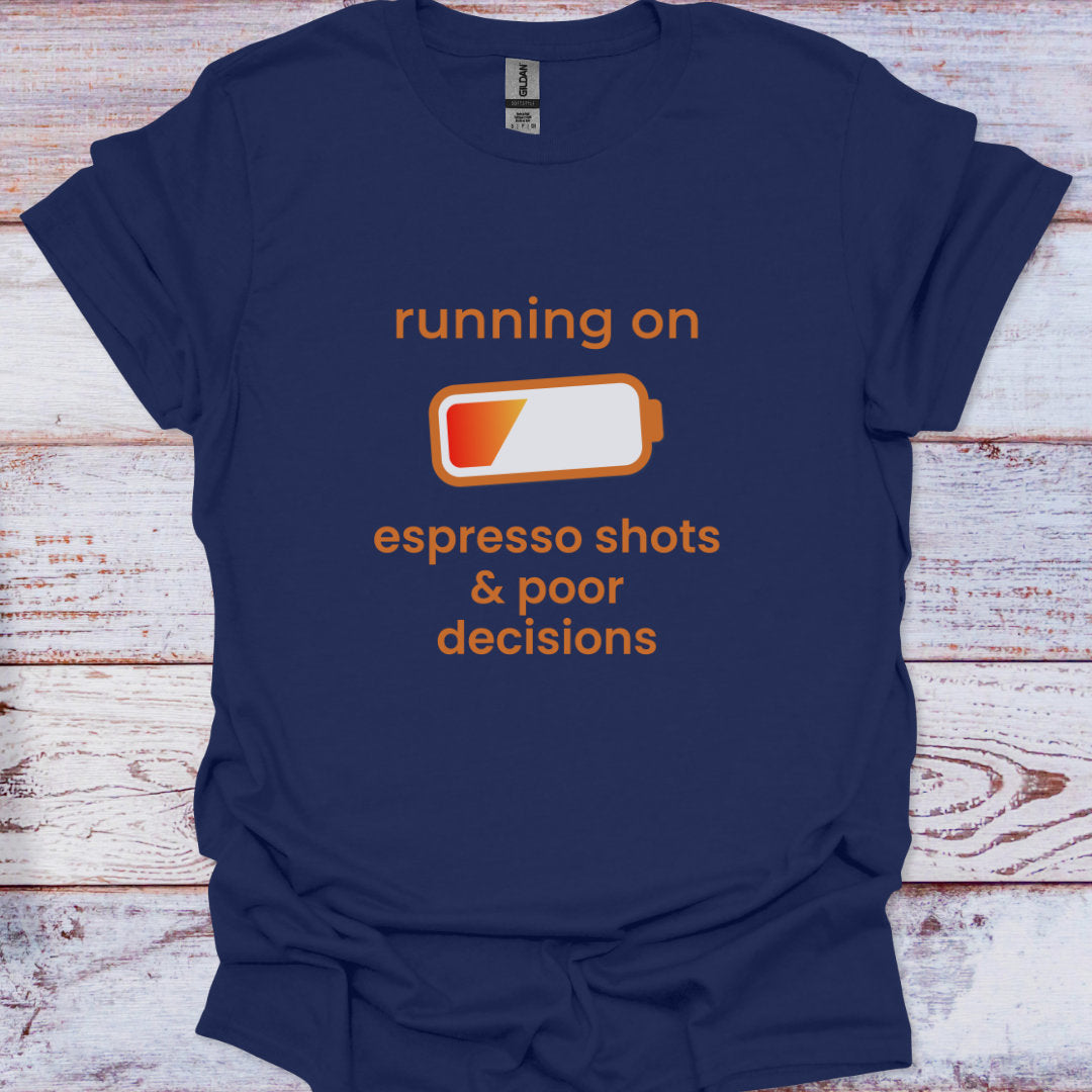 Navy blue t-shirt with orange text and battery graphic on a wooden surface