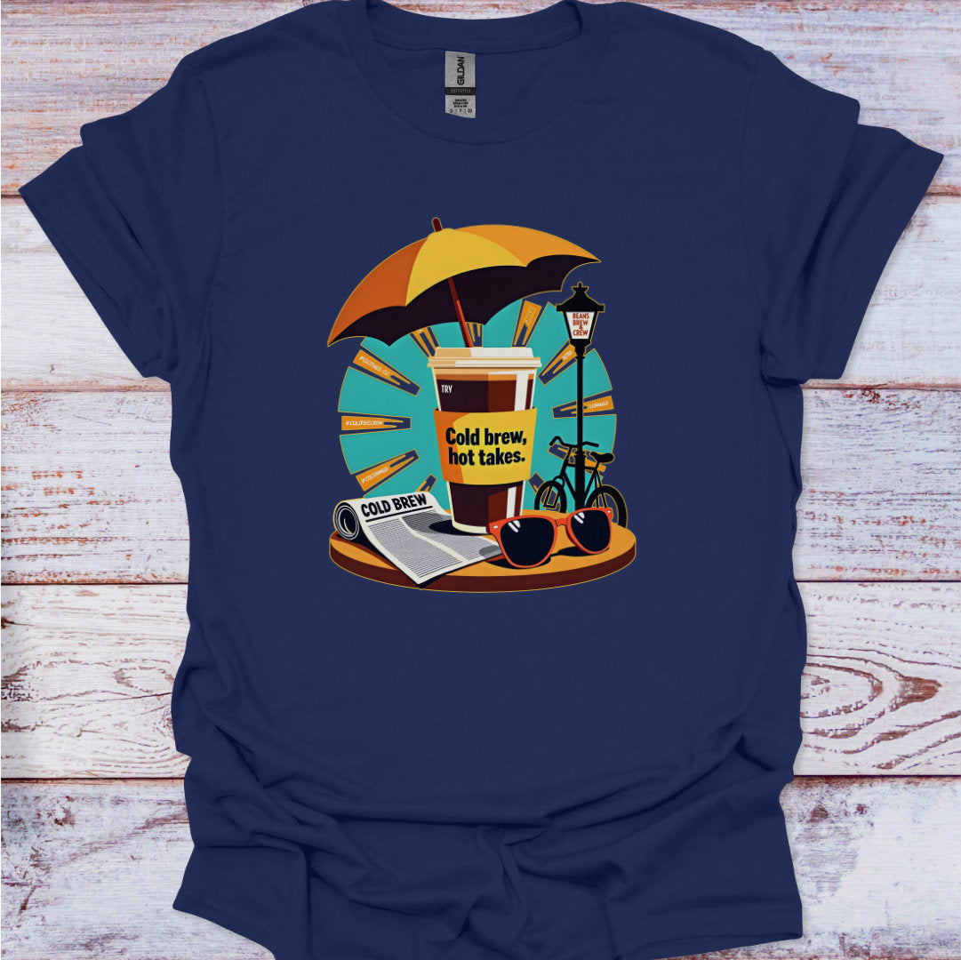 Navy blue t-shirt with a graphic design of a coffee cup, umbrella, and bicycle on a wooden surface.