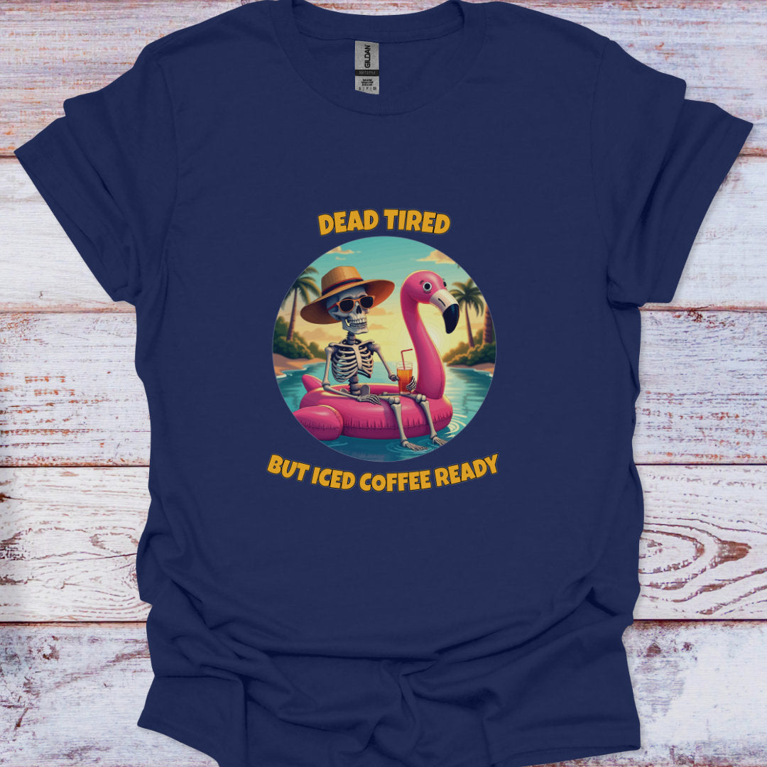 Navy blue t-shirt with a flamingo and skeleton design on a wooden surface