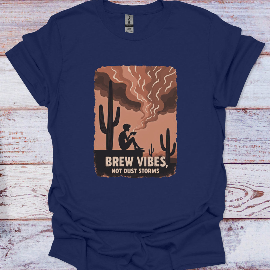 Navy blue t-shirt with a graphic design featuring a cactus and text on a wooden surface