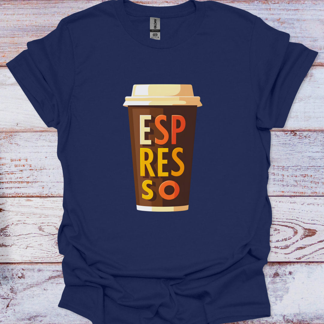 Navy blue t-shirt with a coffee cup graphic and 'ESPRESSO' text on a wooden surface