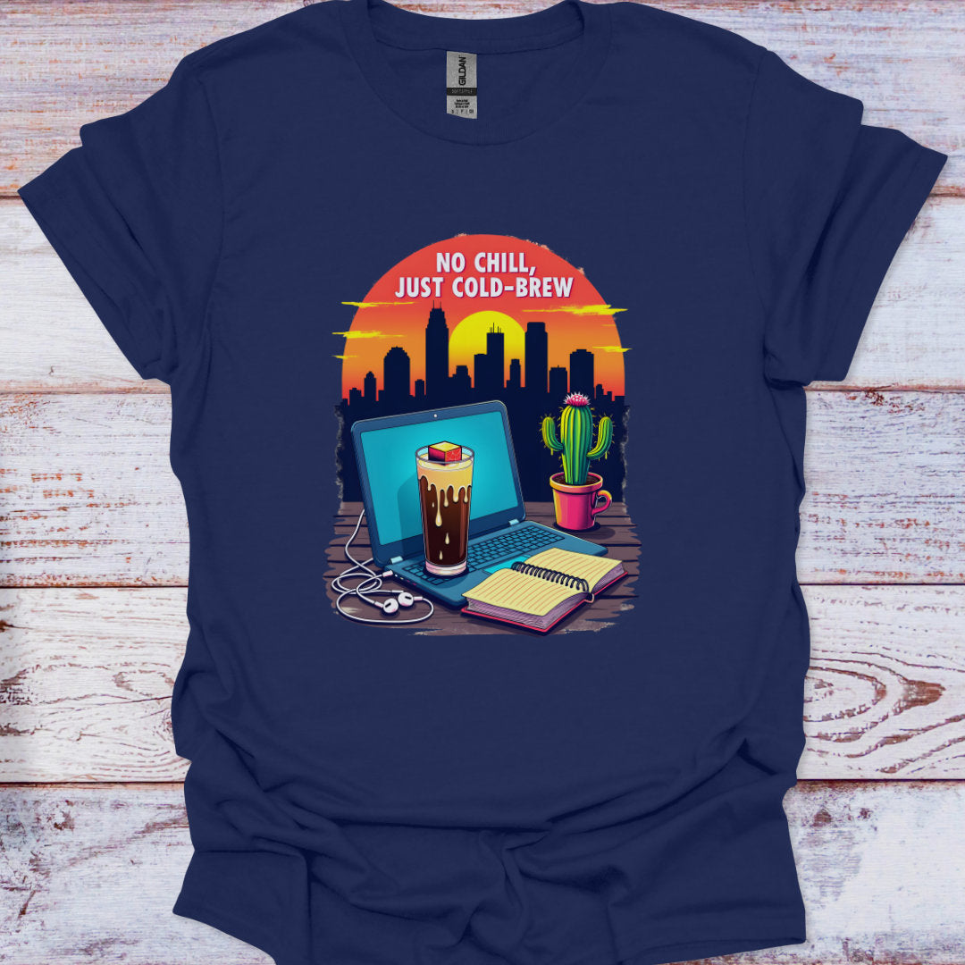 Navy blue t-shirt with a graphic of a laptop, coffee, and cactus on a wooden surface