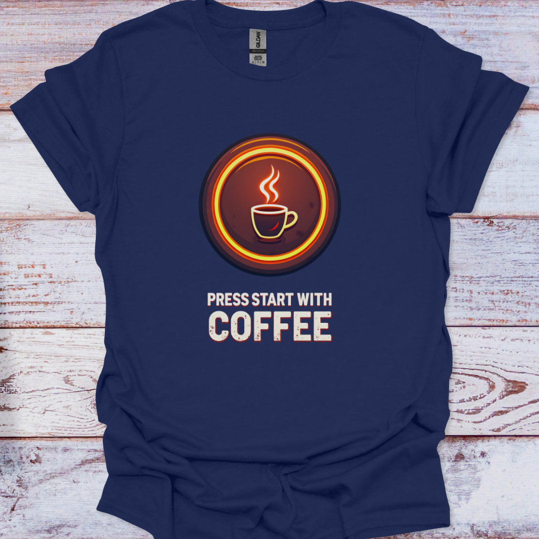 Navy blue t-shirt with a coffee-themed graphic and text on a wooden surface
