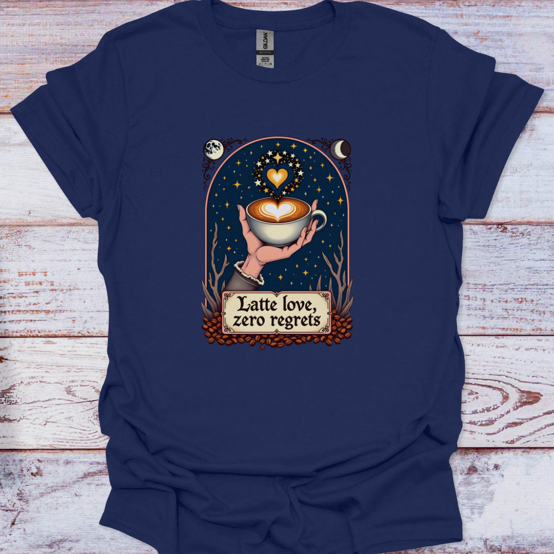 Navy blue t-shirt with a graphic of a hand holding a coffee cup and text 'Latte love, zero regrets' on a wooden surface.