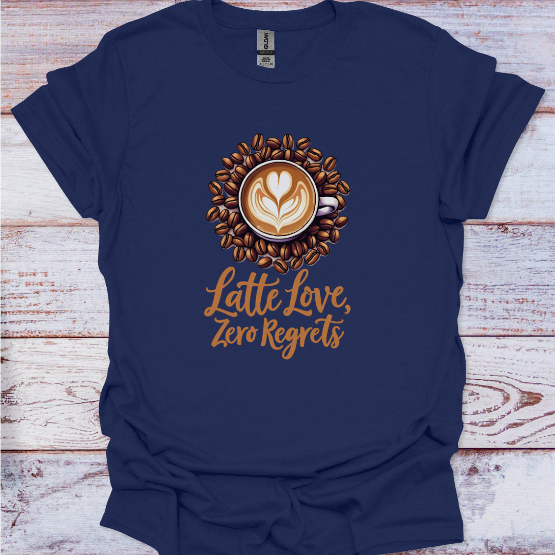 Navy blue t-shirt with a coffee-themed graphic and text 'Latte Love, Zero Regrets' on a wooden surface.