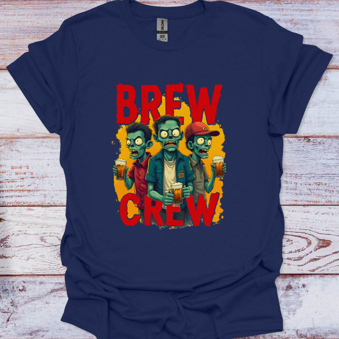 Navy blue t-shirt with 'Brew Crew' graphic featuring zombies holding beers on a wooden surface.