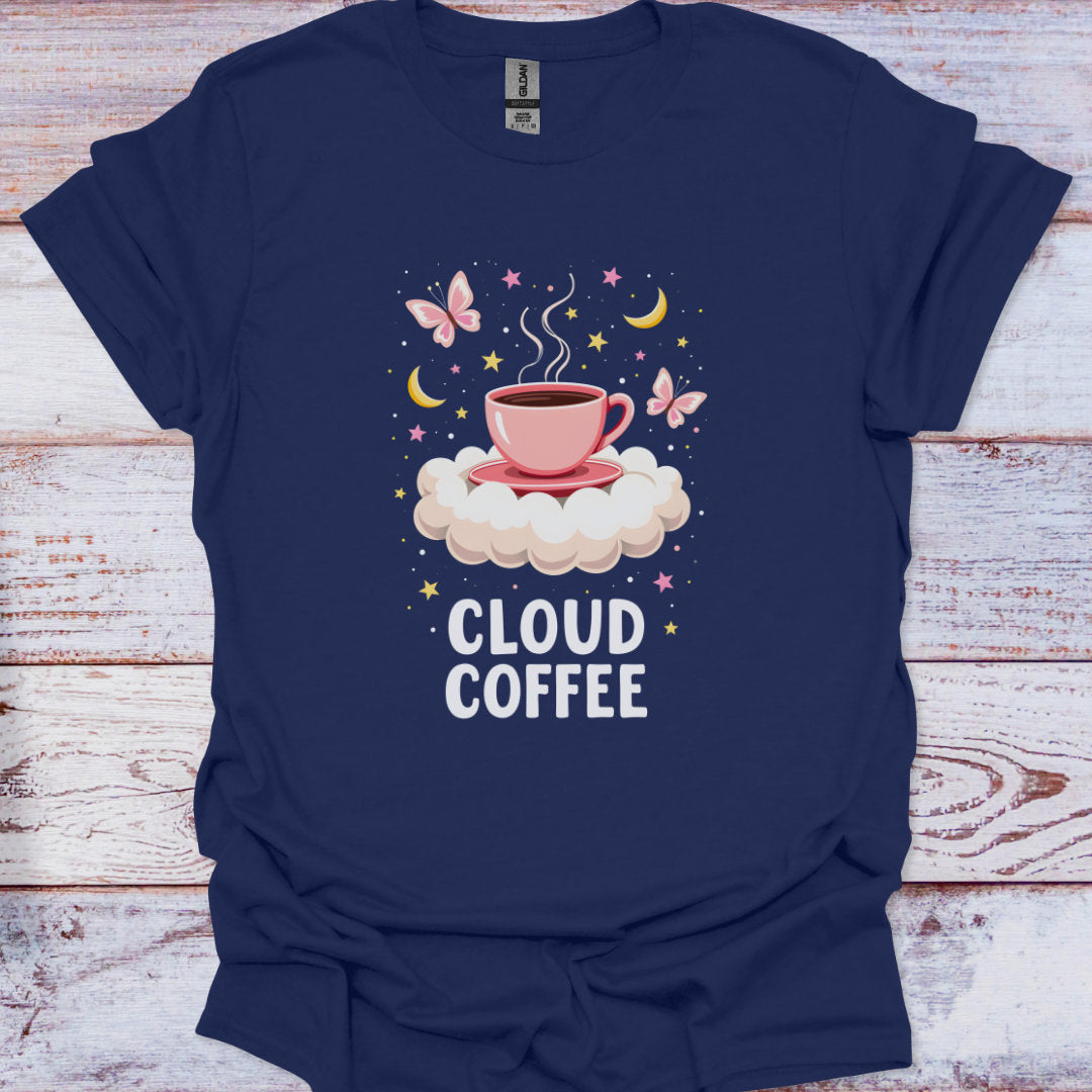 Navy blue t-shirt with 'Cloud Coffee' design featuring a cup of coffee on a cloud, butterflies, and stars.