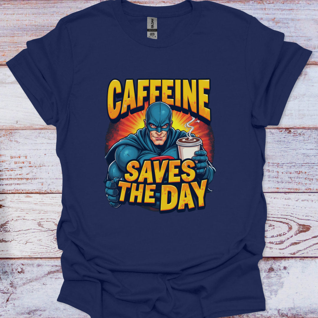 Navy blue t-shirt with superhero graphic and 'Caffeine Saves the Day' text on a wooden surface