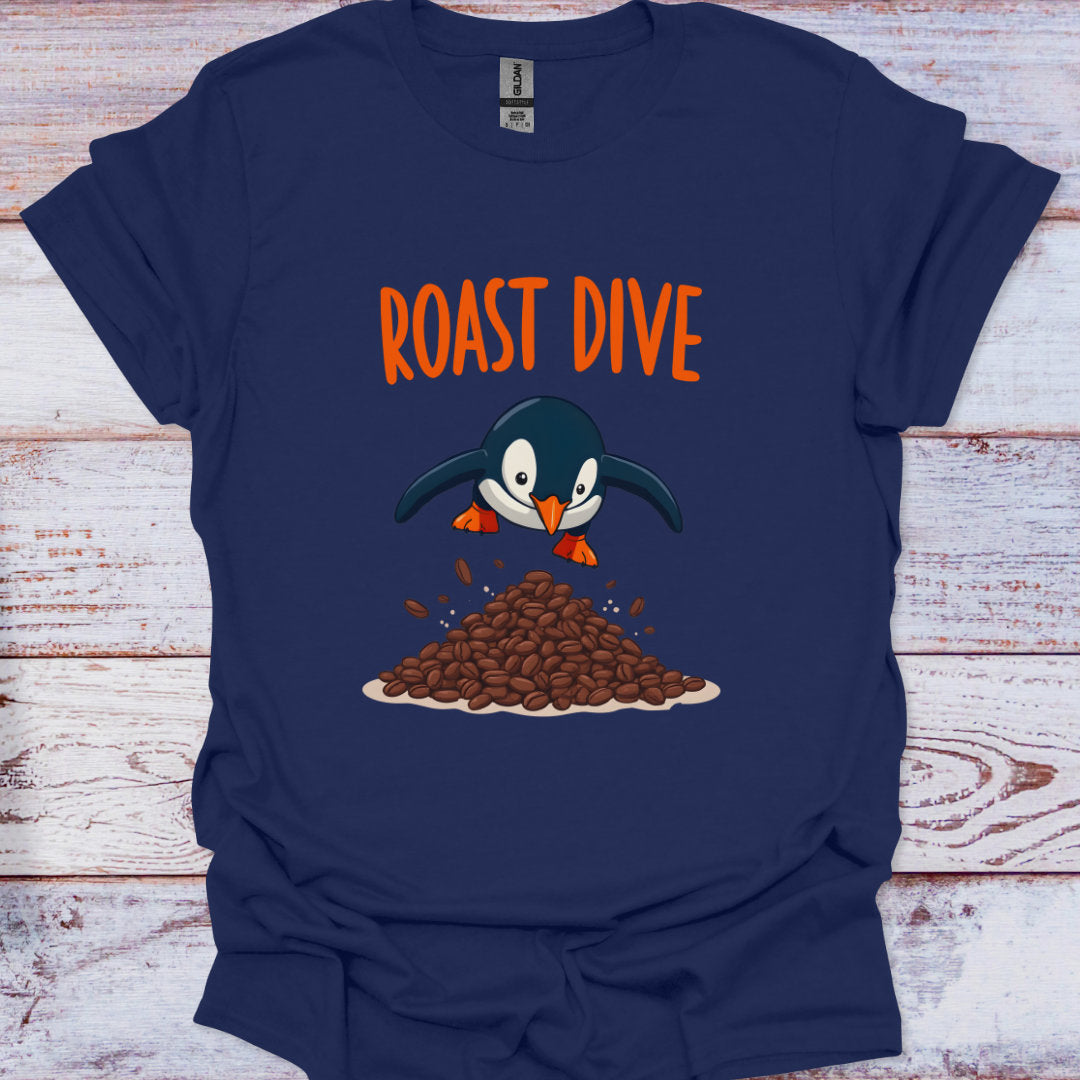Navy blue t-shirt with a penguin graphic and 'Roast Dive' text on a wooden surface