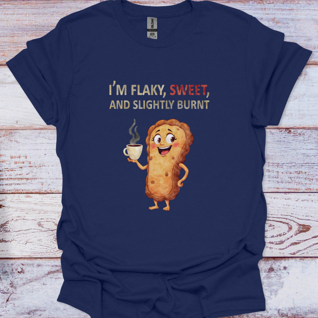Navy blue t-shirt with a cartoon pastry holding a cup of coffee and text on a wooden surface
