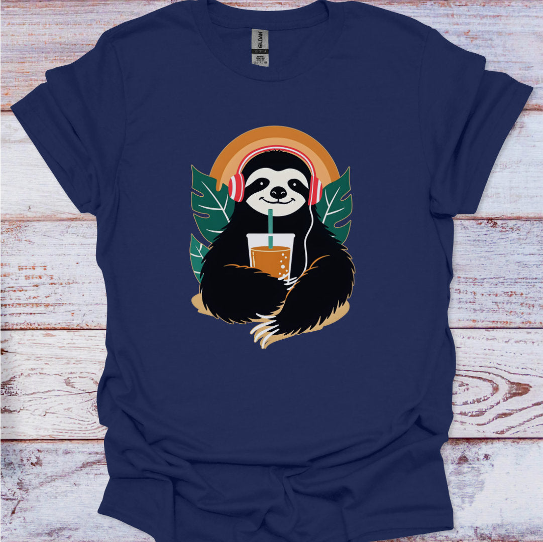 Navy blue t-shirt with a sloth holding a drink graphic on a wooden surface