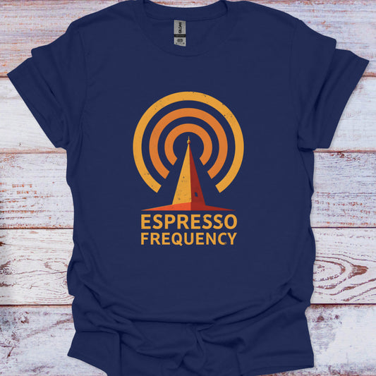 Navy blue t-shirt with orange and yellow 'Espresso Frequency' logo on a wooden surface